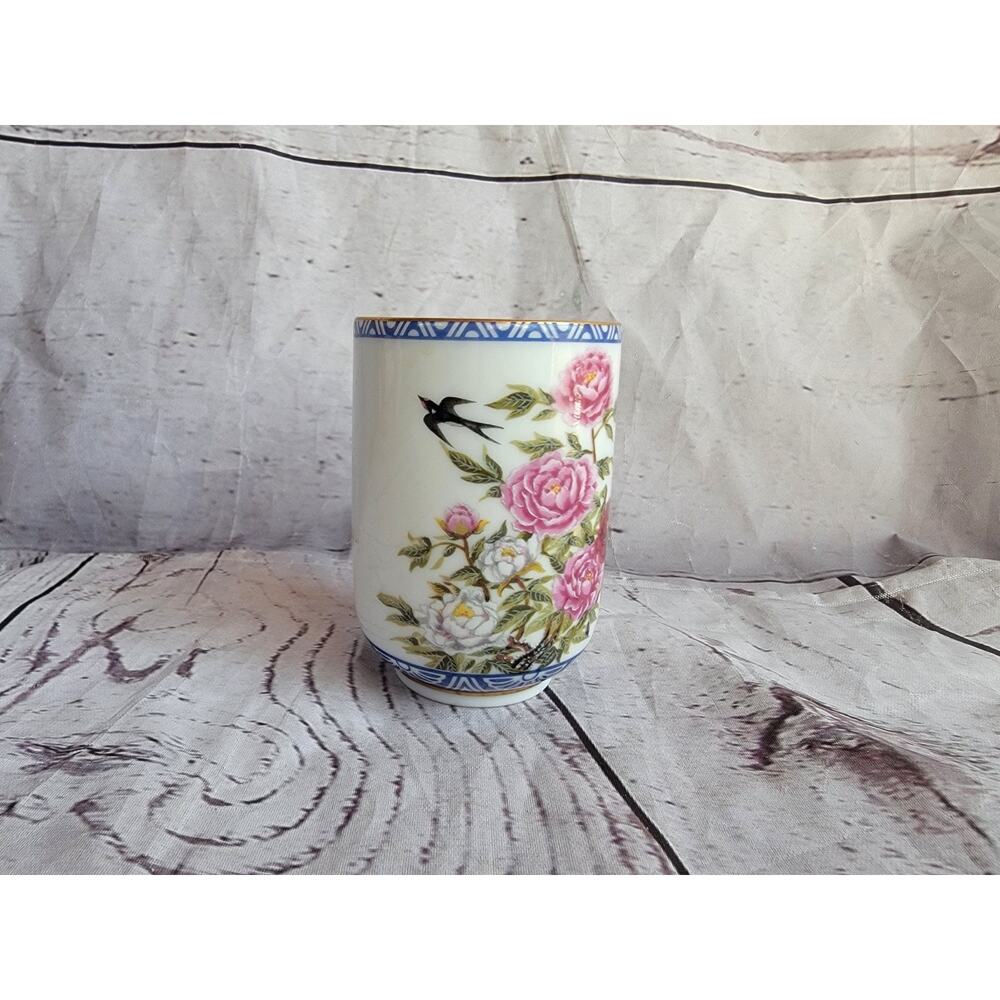 Franklin Porcelain Nobata Hand Painted Birds Flowers Teacup Swallow and Peony